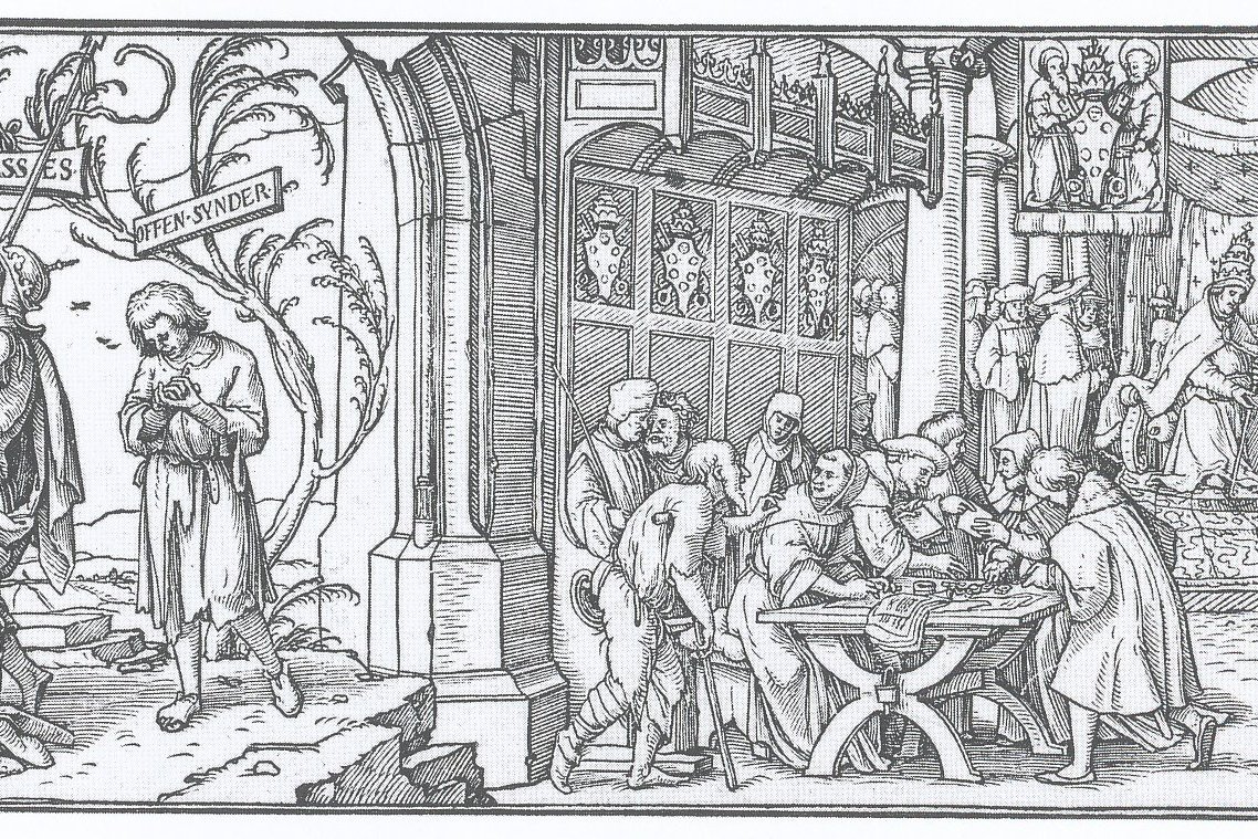 A 16th-century woodcut depicting a Catholic pardoner selling indulgences to a crowd of kneeling penitents.