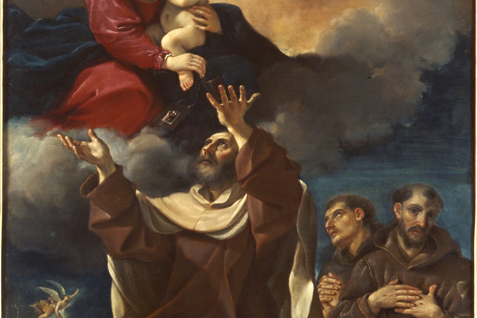 A Baroque painting of Our Lady of Mount Carmel enthroned with the Christ Child, flanked by Carmelite saints, one of whom wears the brown scapular habit.