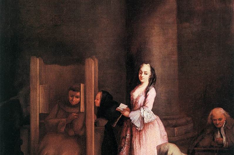 Un pénitent s'agenouille et chuchote à un prêtre assis dans un confessionnal de bois simple, dans une peinture de genre du XVIIIe siècle de Pietro Longhi.
