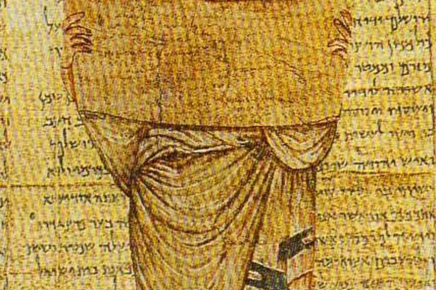 A historical painting depicting Ezra the scribe reading aloud from the scroll of the Law to the assembled people of Israel.