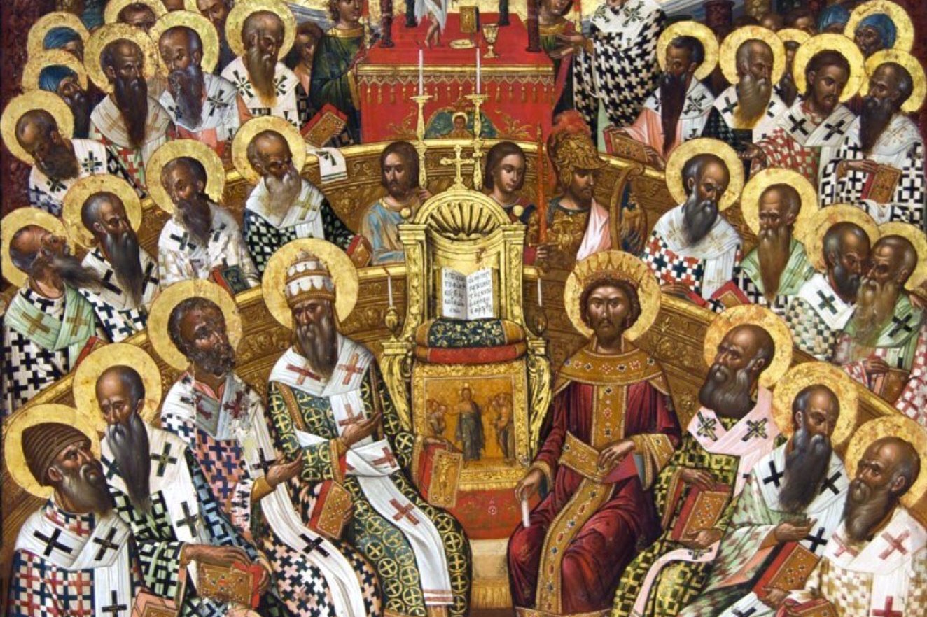 A 1591 icon by Michael Damaskinos depicting the bishops of the First Council of Nicaea seated in assembly beneath Christ enthroned.