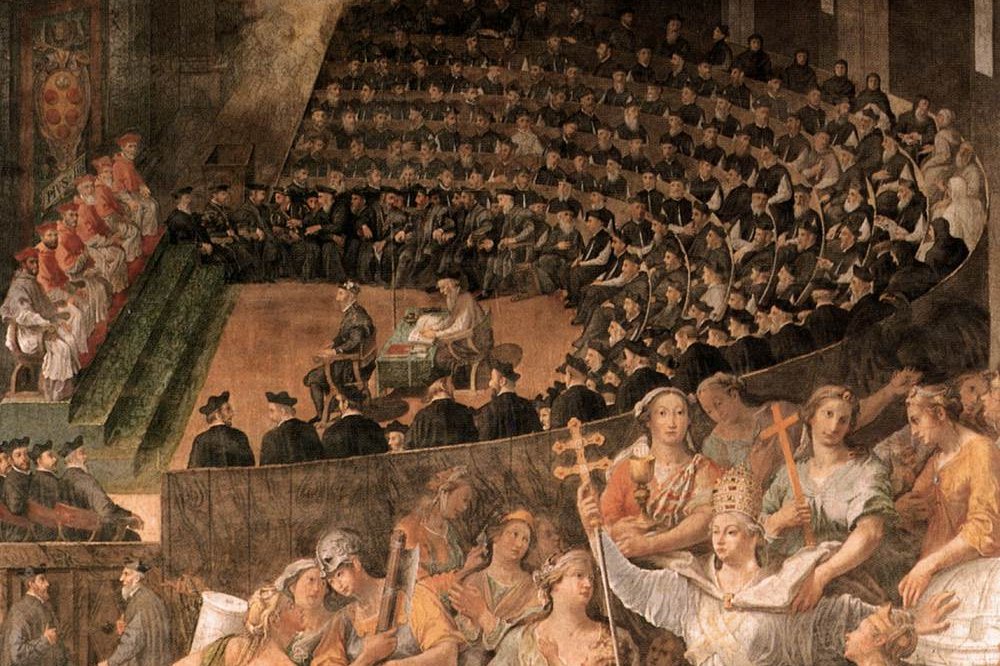Pasquale Cati's 1588 fresco depicting the bishops assembled at the Council of Trent, seated in rows beneath an allegorical vision of the Church.