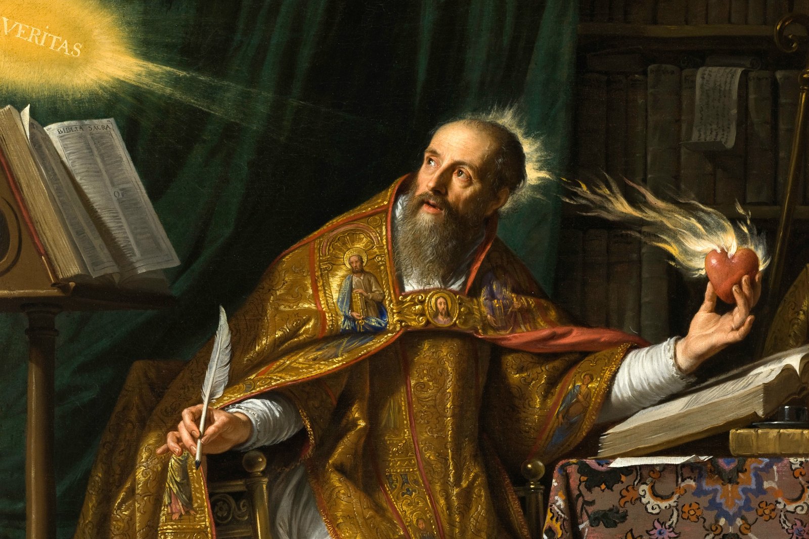 17th-century painting of Saint Augustine writing at his desk, illuminated by the word VERITAS (Truth) and a burning heart, symbolizing his conversion and pursuit of God.