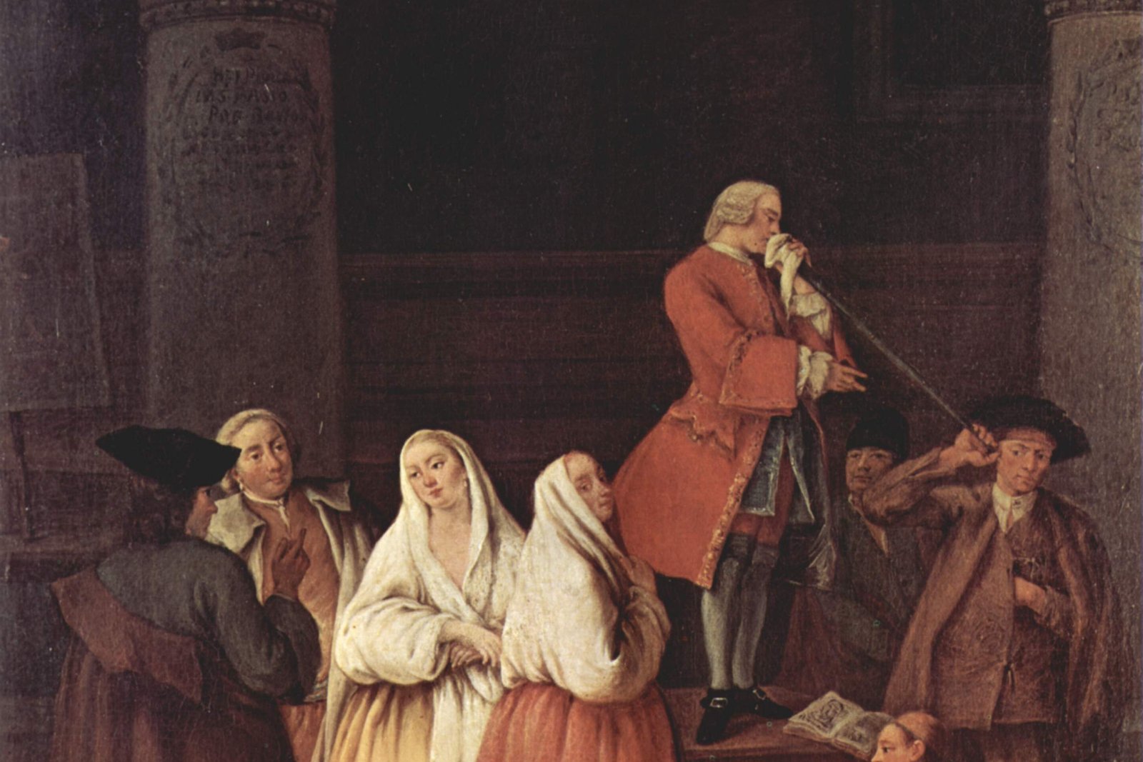 An 18th-century genre painting of a woman kneeling in a confessional booth, speaking quietly with a priest seated behind the grille.