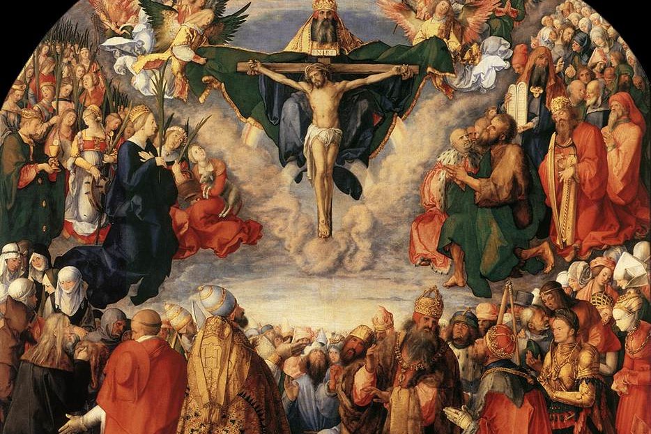 Un gran retablo que muestra filas de santos, mártires y figuras sagradas aureoladas, reunidos en adoración.
