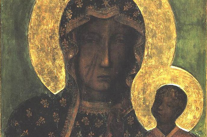 The dark-faced icon of Our Lady of Częstochowa, showing the Virgin Mary holding the Christ Child, both wearing ornate crowns, with two scars visible on Mary's cheek.
