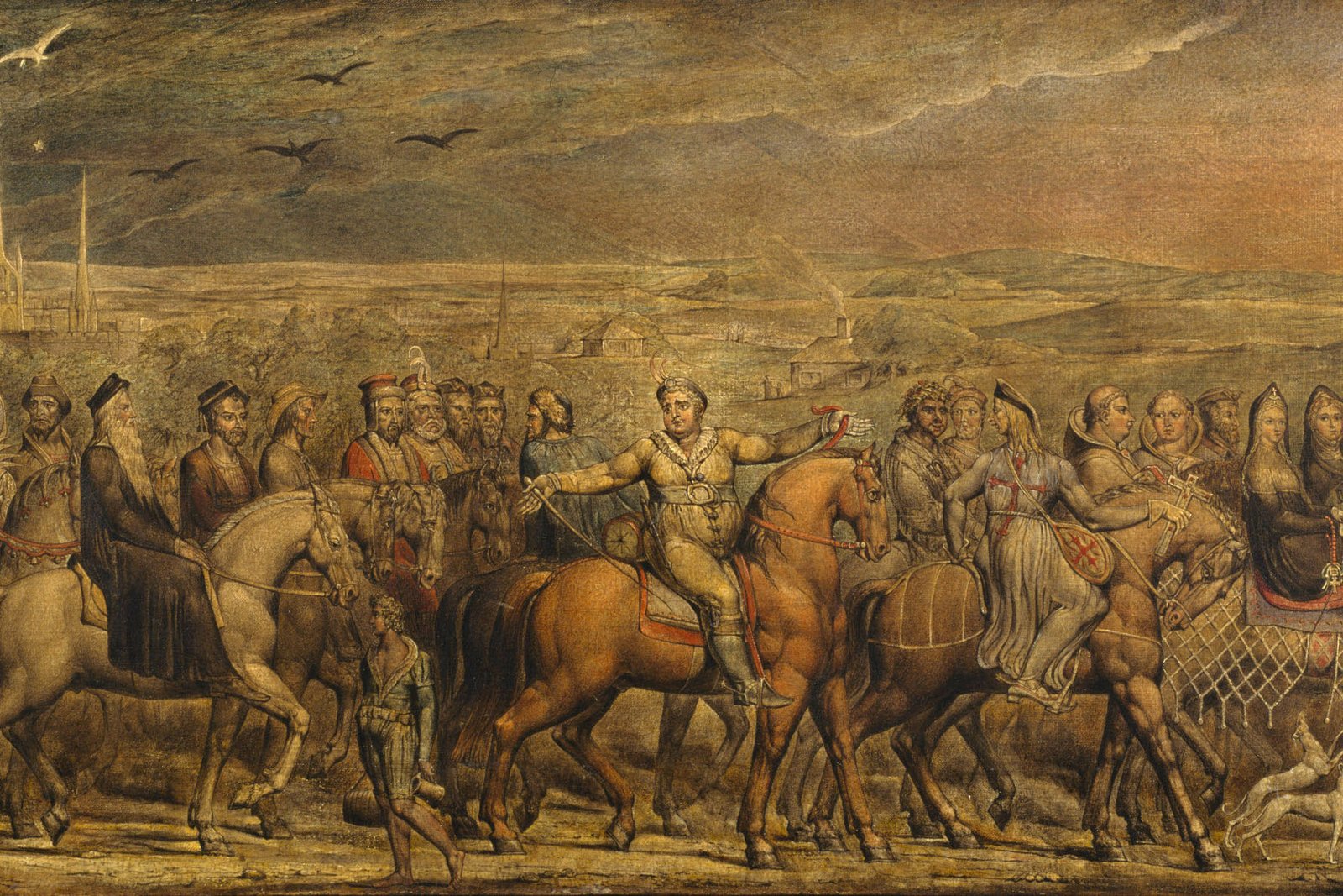 William Blake's engraving of medieval pilgrims traveling together on the road to Canterbury.