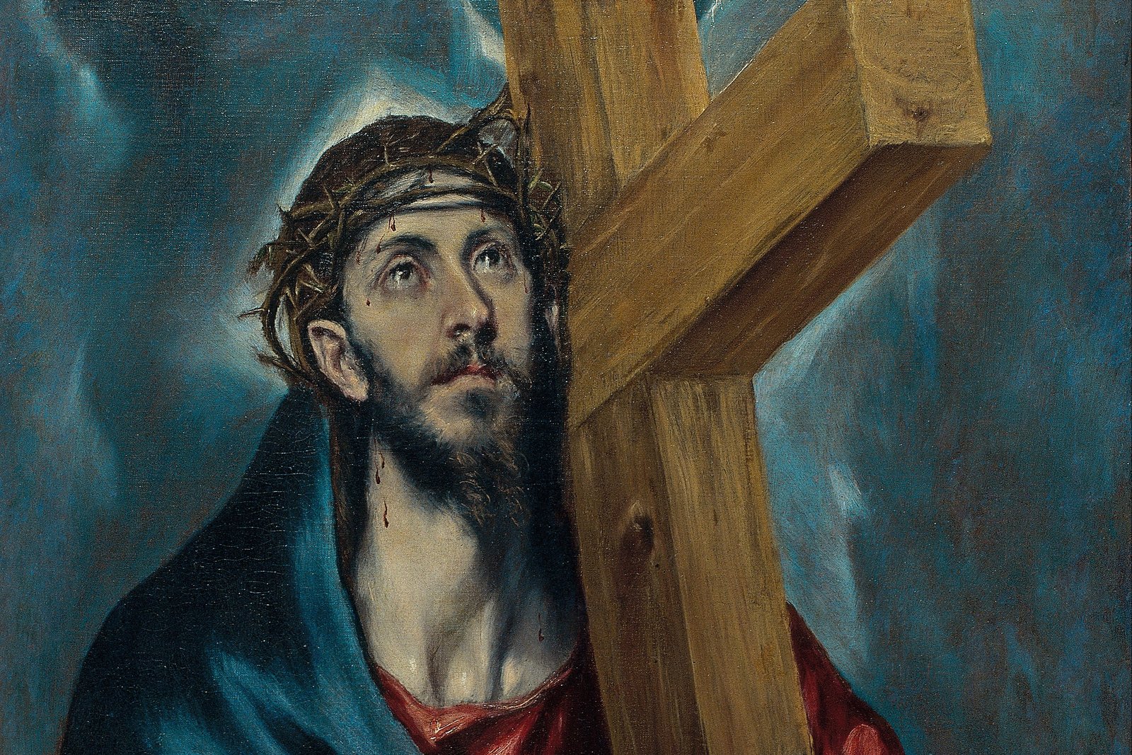 El Greco painting of Christ carrying the cross, wearing the crown of thorns, gazing upward in sorrowful devotion.