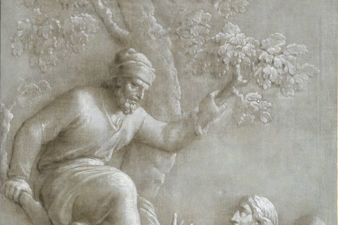 Zacchaeus perched in a fig tree looking down at Jesus, 18th-century painting