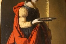 Painting by Francisco de Zurbarán of Saint Lucy, shown as a young woman in fine clothing holding a martyr's palm branch, painted with sculptural clarity against a dark background.
